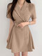 Solid Lapel Short Sleeve A-line Dress For Women - Khaki