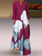 Vestido de manga comprida com estampa de flor e decote em bico - Vinho vermelho