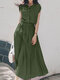 女性のためのベルト付き無地ボタンフロントドレス - 緑