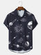 Mens Allover Planet Print Button High Low Hem Short Sleeve Shirts - Navy