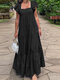 Women Solid Tiered Square Collar Ruffle Sleeve Maxi Dress - Black