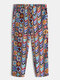 Mens National Style Cotton Loose Pajamas Pants Home Portly Long Drawstring Loungewear Bottoms - Royal Blue