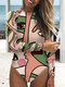 Women Long Sleeve One Piece Graffiti Abstract Print Patchwork High Neck Slimming Surfing Swimsuit - زهري