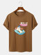 Mens Cartoon Cat Character Print Crew Neck Short Sleeve T-Shirts - Brown