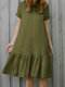 Women Solid Ruffle Hem Short Sleeve Vintage Dress - Dark Green