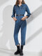 Solid Button Pocket Denim Long Sleeve Lapel Jumpsuit Women - Blue