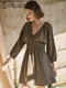 Solid Button Front V-neck Long Sleeve Pleated Dress - Coffee