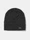 Men Knitted Plus Velvet Solid Color Striped Letter Metal Label Outdoor Warmth Brimless Beanie Hat - Dark Gray
