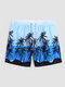 Men Hawaii Style Coconut Tree Print Mesh Lined Multi Pockets Water Resistant Board Shorts - Blue