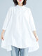 Solid Button High-Low Hem Lapel Loose Casual Shirt - White