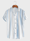 Camisas masculinas de lapela listrada com botões casuais de manga curta - azul