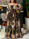Plus Size Women Vintage Baroque Print Off Shoulder Maxi Dress - Black