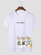 Mens Japanese Cute Cat Print Casual Short Sleeve T-Shirts - White