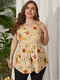 Floral Print Sleeveless O-neck Plus Size Casual Tank Top for Women - Khaki