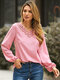 Solid Backless Guipure Lace Tie Back Long Sleeve Blouse - Pink