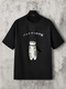 Mens Japanese Cartoon Cat Print Crew Neck Short Sleeve T-Shirts - Black