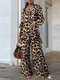 Mulheres com estampa de leopardo lapela botão frontal manga comprida coordenadas - Cáqui