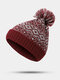 Unisex Cotton Thread Knitted Thickened Argyle Jacquard Fur Ball Decoration Warmth Brimless Beanie Hat - Red