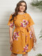 Floral Print O-neck Short Sleeve Belt Plus Size Dress for Women - Yellow