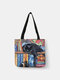 Women Canvas Cute Cartoon Oil Painting Cat Printing Waterproof Shopping Bag Shoulder Bag Handbag Tote - #05