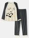 Plus Size Women Cartoon Panda Print Jacquard Pocket Raglan Sleeve Pajamas - Beige