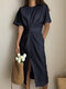 Casual Belted Solid Color Split Plus Size Cotton Dress - Navy