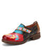 Socofy Genuine Leather Buckle Decor Side-zip Casual Retro Floral Colorblock Comfy Low Heel Shoes - Red