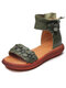 SOCOFY genuine leather floral round toe back zipper flat platform sandals for women - Green