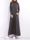 Casual Women Solid Long Sleeve Turtleneck Pockets Maxi Dress - Dark Grey