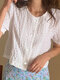 Check Pattern Button Front Short Sleeve Crew Neck Blouse - White