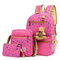 Four-piece Student Backpack Female Canvas Printing Large-capacity Backpack College High Junior High School Bag Multi-purpose - Pink