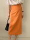 Pures Color Back Zipper Calf Length Split Casual Skirt - Orange