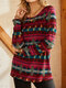 Vintage Ethnic Pattern O-neck Long Sleeve T-shirt For Women - Red