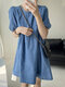 Puff Sleeve A-line Solid Crew Neck Casual Denim Dress - Blue
