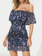 Floral Print Backless Ruffle Mini Sexy Dress For Women - Blue