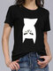 Crew Neck Cartoon Cat Print Short Sleeve Casual T-shirt - Black