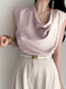 Satin Solid Cowl Neck Cap Sleeve Blouse For Women - Pink