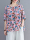 Floral Printed Crew Neck Loose Blouse For Women - Purple