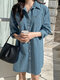 Women Plain Lapel Double Pocket Button Front Denim Shirt Dress - Blue
