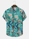 Mens Floral Plant Print Button Up Holiday Short Sleeve Shirts - Blue