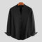 Mens 100% Cotton Chinese Style Brief Long Sleeve Stand Collar Plain Shirts - Black