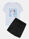 Mens Portrait Graphic Sets Short Sleeve T-Shirt Casual Drawstring Shorts - White