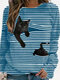 T-shirt Cat Print manga comprida Black às riscas Plus tamanho - Marinha