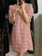 Puff Sleeve Textured Solid Crew Neck Casual Dress - Pink