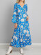 Leopard Flower Letters Dot Print Long Sleeve Tie Side Maxi Dress - Blue