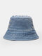Unisex Distressed Washed Denim Solid Color Broken Hole Vintage Sunshade Bucket Hat - Blue