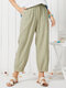 Solid Color Elastic Waist Casual Pants with Pockets - Green
