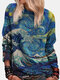 Landscape Printed Long Sleeve O-neck Sweatshirt For Women - Blue