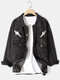 Mens Crane Embroidery Faded Effect Cotton Outdoor Stylish Denim Jackets With Pocket - Black