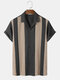 Mens Colorblock Stitching Knitted Revere Collar Short Sleeve Shirt - Dark Gray